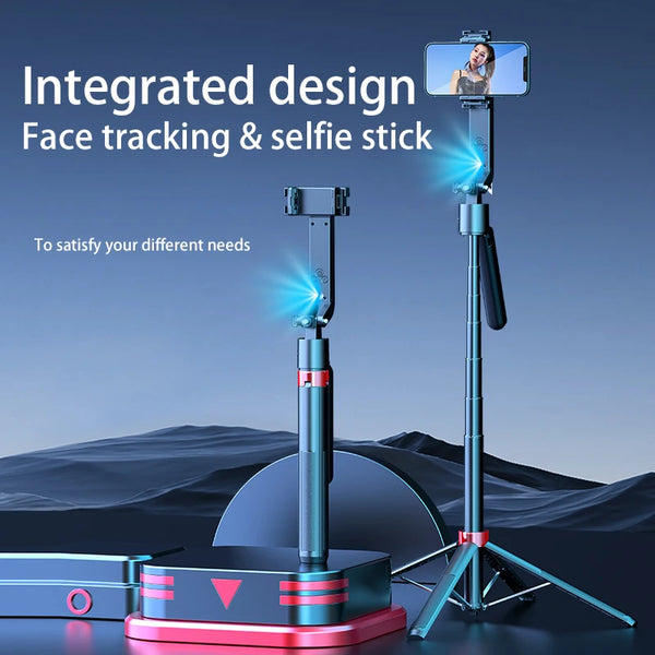 Extendable Stainless Steel Selfie Stick featuring integrated design and face tracking functionality.