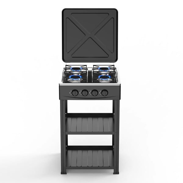 4 Burners Portable Butane Gas Stove with four burners and a protective lid.