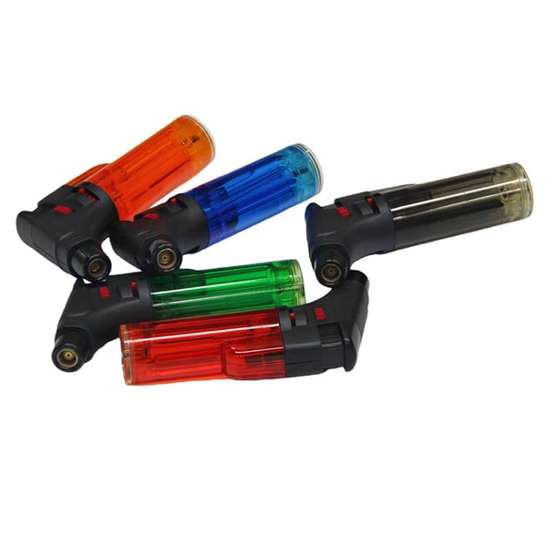 Refillable Butane Jet Torch Lighter 12 Piece Display featuring colorful lighters in orange, blue, green, and black.