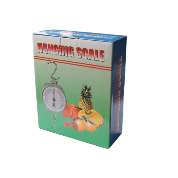 Precision Dial Hanging Scale packaging with fruits, showing a mechanical design for accurate weight readings.
