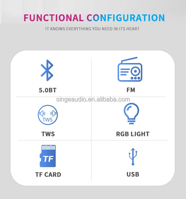 Functional configuration of ABS-2207 Bluetooth Soundbar Speaker including Bluetooth, FM, TWS, RGB light, TF card, and USB.