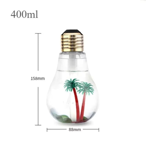 Desktop Portable Bulb Humidifier with palm trees inside, USB-powered, 400ml capacity, stylish design dimensions 158mm x 88mm.