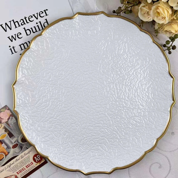 European Vintage Dinner Plate with intricate white texture and elegant gold rim, perfect for dining and decor.