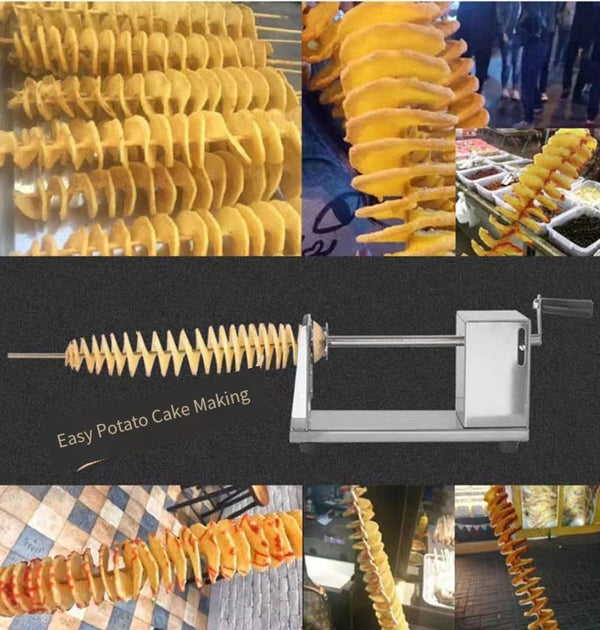 Stainless Steel Spiral Potato Slicer creating uniform spirals for delicious potato snacks.