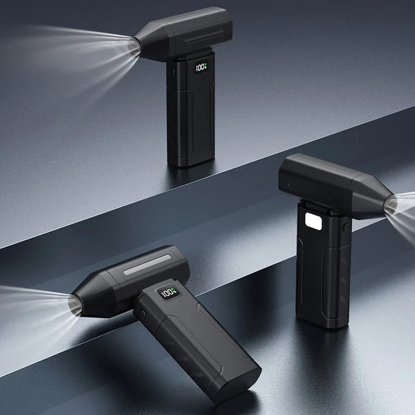 Portable Mini Turbo Handheld Fan with Digital Display in various angles showcasing its design and digital screen.