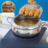 Household 304 Stainless Steel Frying Pan with Thermometer cooking fried chicken with built-in thermometer in action.