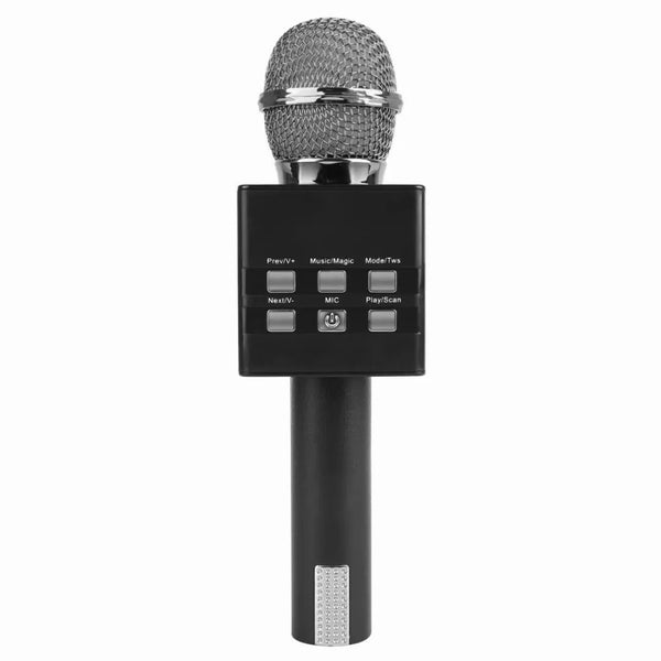 Wireless USB Audio Karaoke Microphone with built-in speaker and control buttons for music playback.