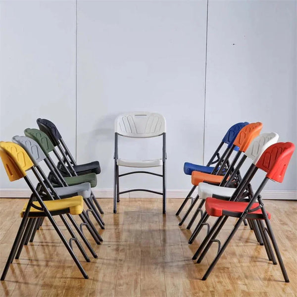 Foldable Plastic Outdoor Chair with Metal Frame arranged in a circle, showcasing various colors for outdoor and event use.