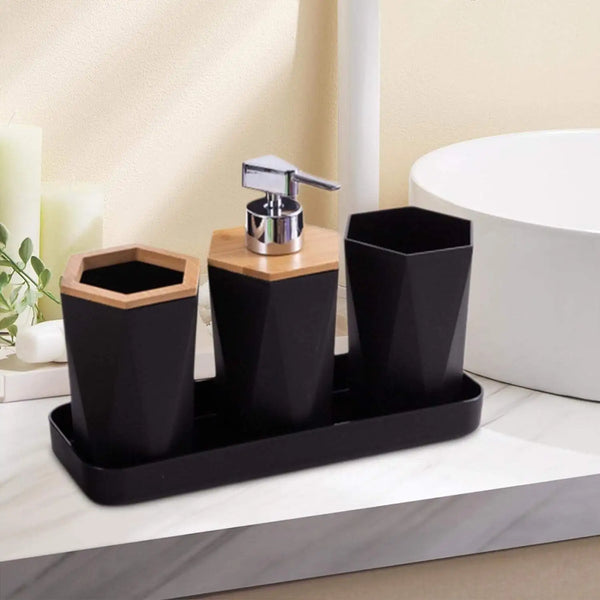 6-Piece Eco Friendly Kitchen Set featuring stylish black and wooden utensils and containers in a modern kitchen setting.