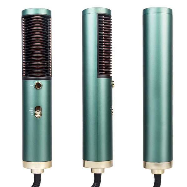 Electric Hot Comb Strong Wind Dry Hair Brush in green color showcasing comb teeth and control buttons.