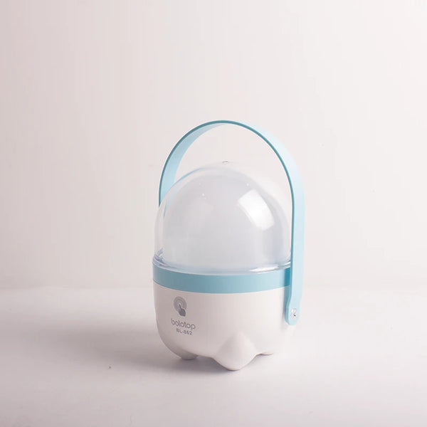 Rechargeable Outdoor LED Camping Lantern with a blue handle and protective dome for outdoor adventures.