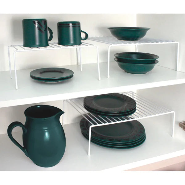 Single Layer Kitchen Metal Shelf Organizer displaying green plates and mugs on two levels for efficient storage.