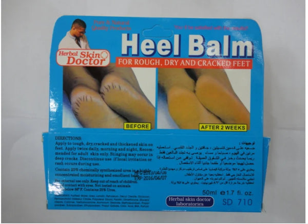Heel Balm for Rough Dry and Cracked Feet packaging showing before and after results for foot care.
