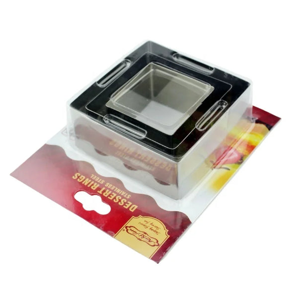 3 Piece Stainless Steel Heart Shape Cookie Cutter Set packaging featuring clear container and black tray.