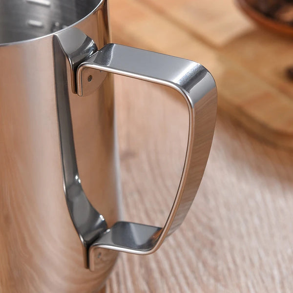 Silver Coffee Latte and Milk Frothing Pitcher 350ML handle detail for precise pouring and frothing.