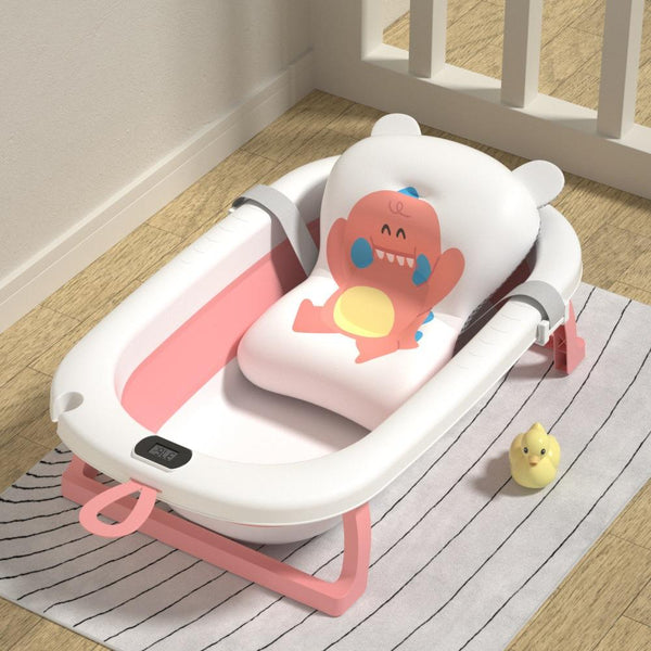 Cute Portable Small Foldable Baby Bath Tub featuring a cute animal design and soft cushion for comfortable bathing.