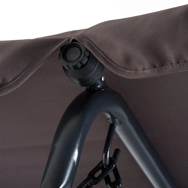Close-up view of the support mechanism for the Swinging Hammock Garden Lounger with Roof.