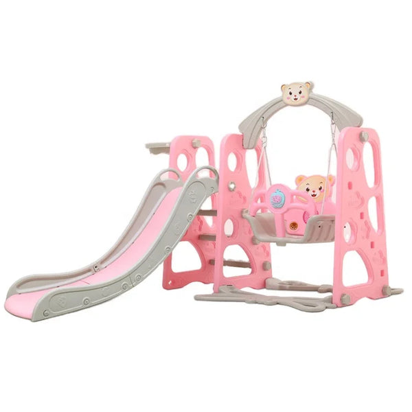 The Indoor Plastic Cartoon Slide with swing, designed for toddlers' indoor play and safe entertainment.
