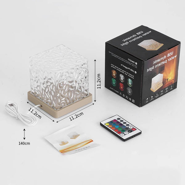 USB Ocean Wave Dynamic Water Ripple Pattern Lamp with remote, manual, and power cord in packaging.
