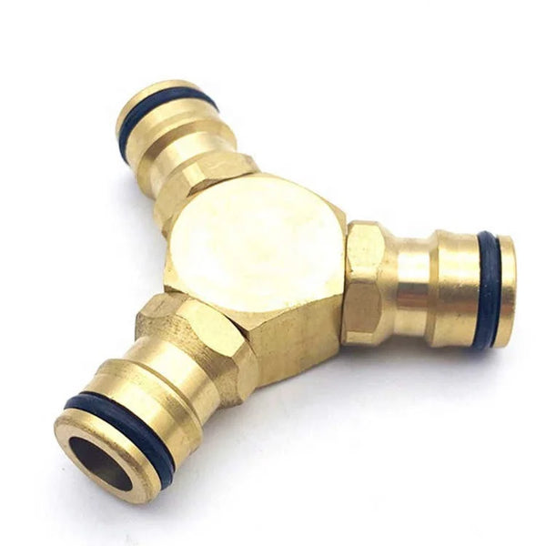 Heavy Duty Brass 3-Way Garden Hose Splitter designed for high water pressure and durability.