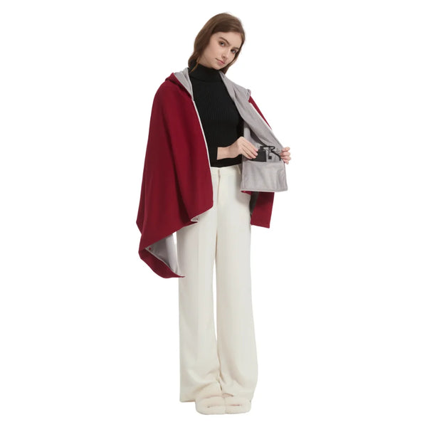 Model wearing Winter Solid Zipper USB Heated Electric Hoodie Shawl, showcasing its stylish design and functional zipper.