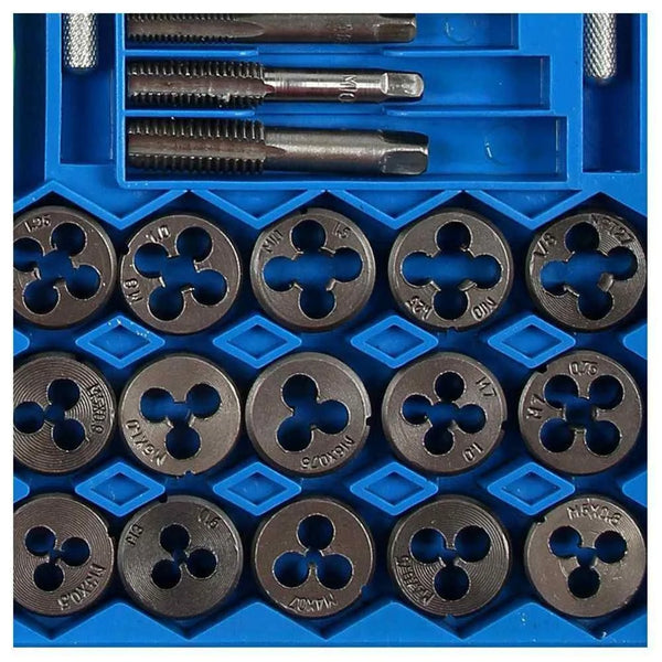 40PC Professional Metric Tap Wrench and Die Set with dies and taps arranged in a blue storage case.