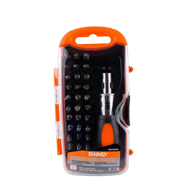 37 Piece CRV Precision Ratchet Screwdriver Bit Set in a clear case with bits and ratchet handle for DIY projects.