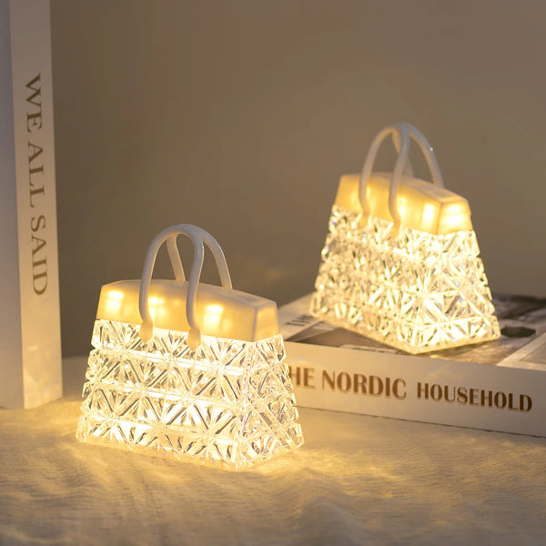 Crystal Bag USB Night Lamp glowing softly on a bedside table, enhancing room decor with warm ambient light.