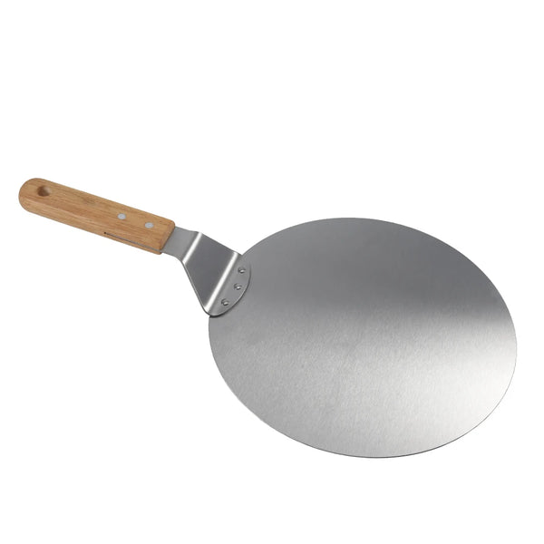 Stainless Steel Round Pizza Peel with Wooden Handle for easy pizza transferring and baking.