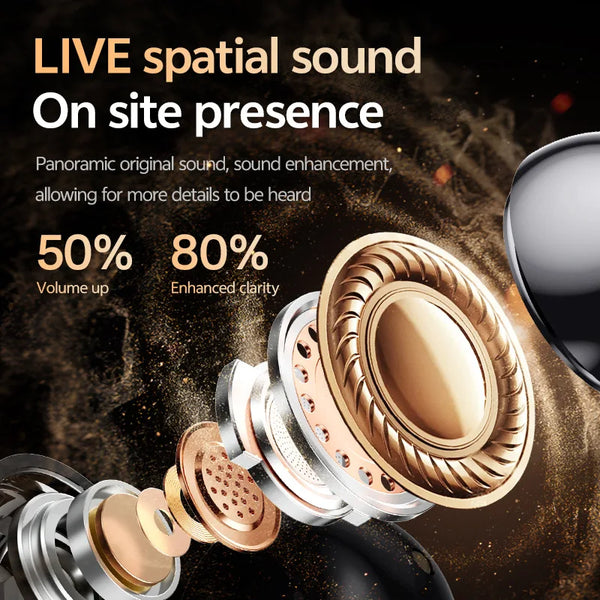 Bluetooth 5.4 Clip-On Earphones showcasing live spatial sound and enhanced audio clarity.