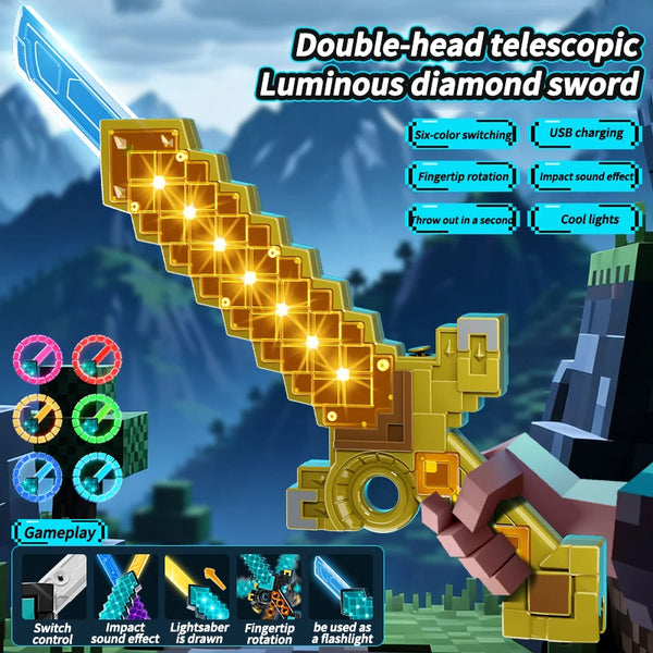 LED Pixel Light-Up Sword Toy with Sound Effects featuring double-head telescopic luminous design and sound effects.