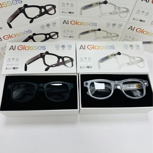AI Camera Sunglasses with HD Video Recording displayed in their packaging, showcasing black and clear models.