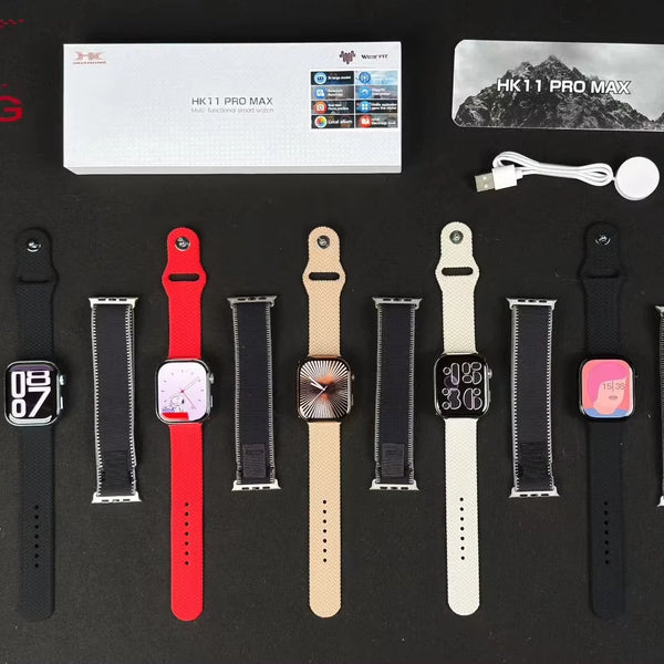 HK11 Pro Max Multifunctional Smart Watch collection with various colors and accessories on display.