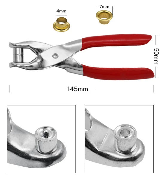 DIY Eyelet and Rivet Punch Pliers with measurement details and eyelet components.