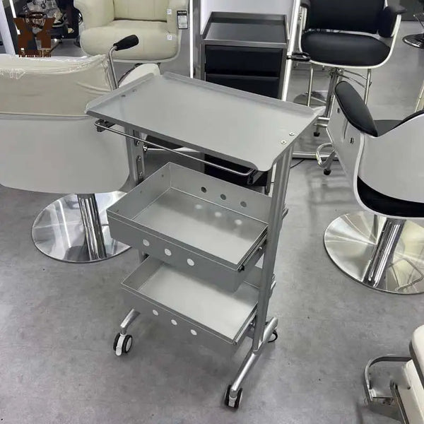 Aluminium Salon Trolley with multiple storage compartments, mobile design, perfect for busy salons and beauty studios.