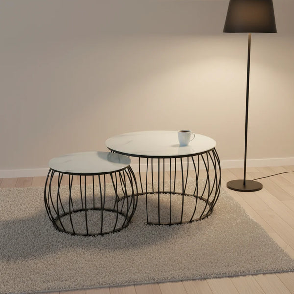 Modern Luxury Round Coffee Tea Table in a stylish living room setting with a lamp and rug.