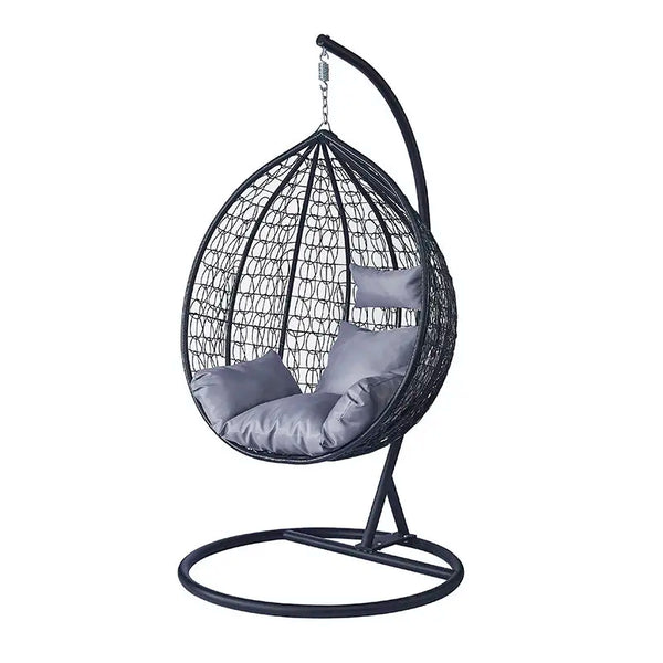 Grey Garden Outdoor Hanging Chair suspended with a sleek black frame and plush grey cushions, perfect for outdoor relaxation.