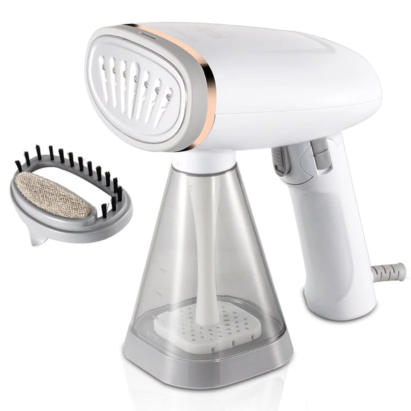 1100W Foldable Handheld Clothes Steamer with detachable brush attachment for easy garment care.
