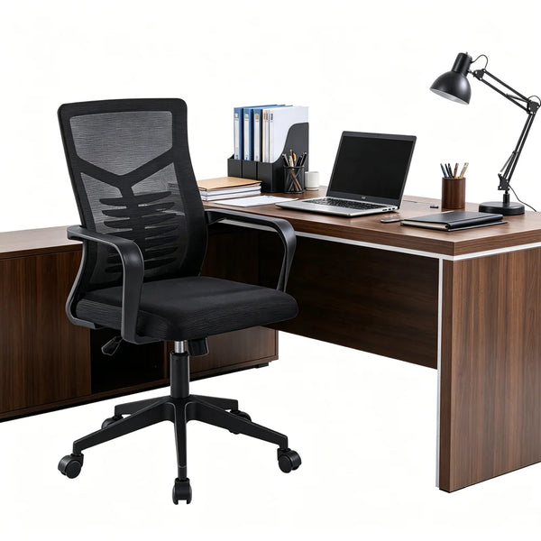 Mesh Office Chair with Lumbar Support and Adjustable Height in a modern office setting with desk and laptop.