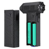 Handheld Turbo Fan Powerful Cordless Air Blower showing black design with battery compartment and green batteries.