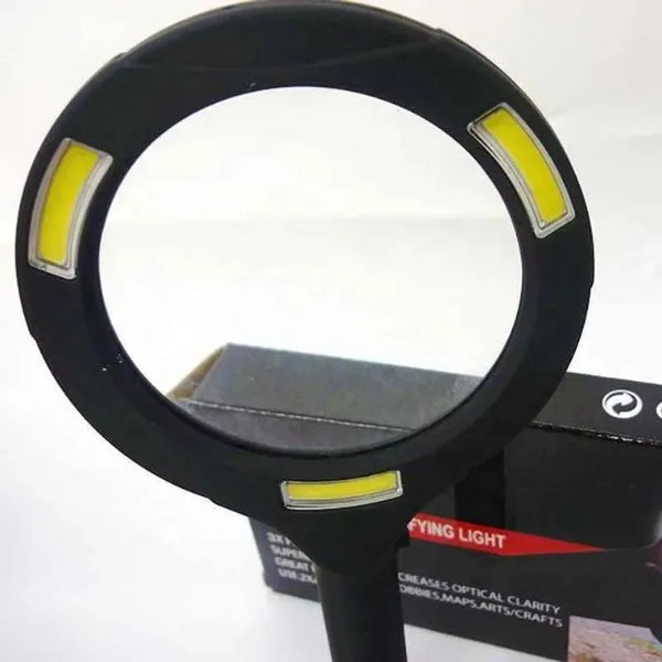 Handheld Magnifying Glass with LED Light showing clear optical lens and built-in LED features for enhanced visibility.