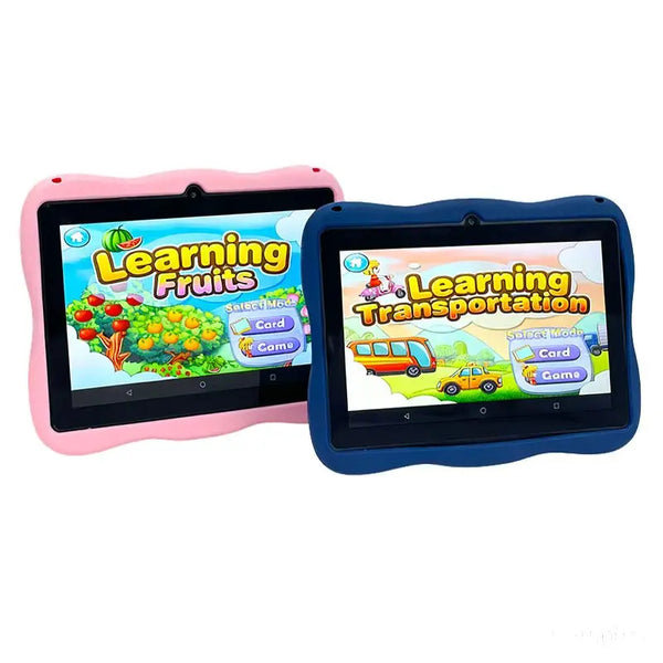 Kids Learning Flagship Q8 7-Inch Android Tablet in pink and blue showcasing educational games on screen.