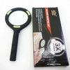 Handheld Magnifying Glass with LED Light displayed next to its packaging, showcasing 3x power and bright lighting features.