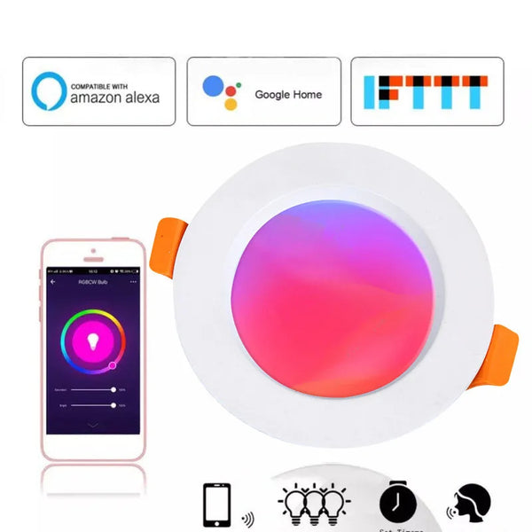 RGB Smart LED Recessed Downlight with smartphone app control and smart home compatibility.