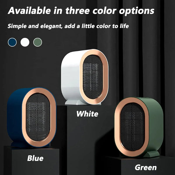 Portable PTC Electric Fan Heater in three color options: blue, white, and green.