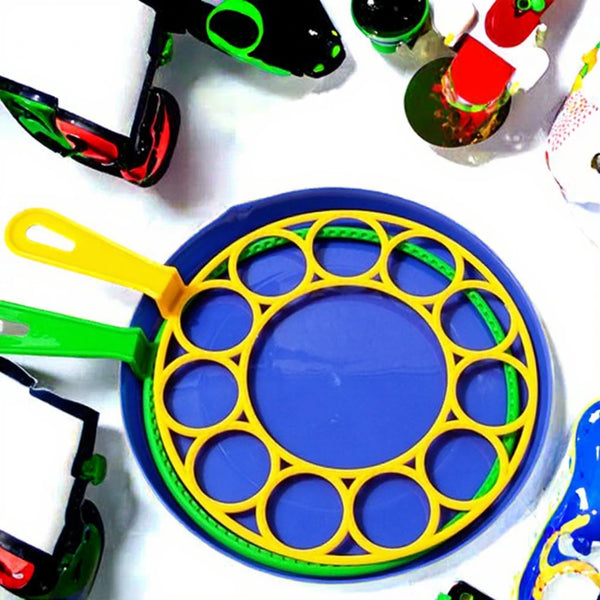 Colorful Outdoor Kids Bubble Toy Set featuring a blue bubble wand tray with yellow handles for creating giant bubbles.