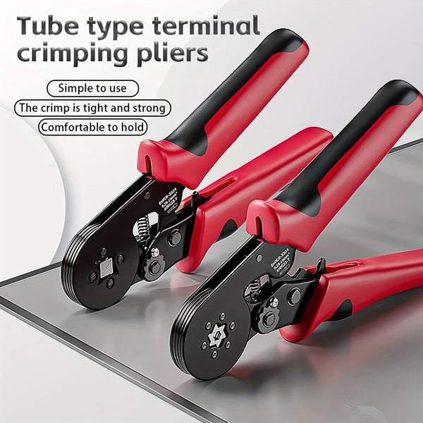 Mini Multi Cord End Hand Insulated Crimping Tool with red and black handles for reliable wire finishing.
