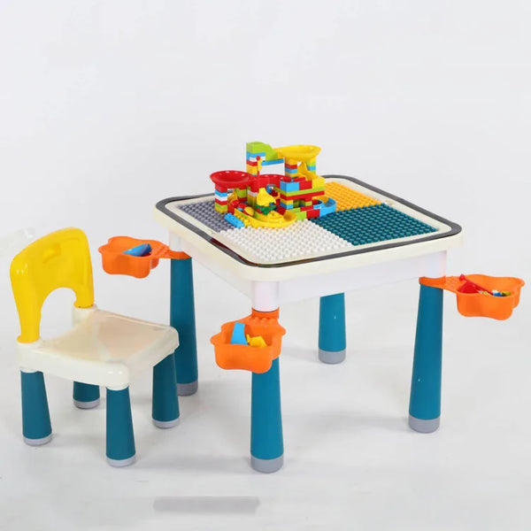 Table Two Chair Set for Toddlers & Kids featuring a play table with building blocks and colorful chairs.