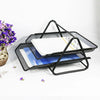 2 Layer Black Metal File Cabinet displaying organized documents on a stylish metal rack.