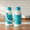 3.2L Large Capacity Double-Wall Vacuum Flask in turquoise on a wooden countertop with white mugs in the background.